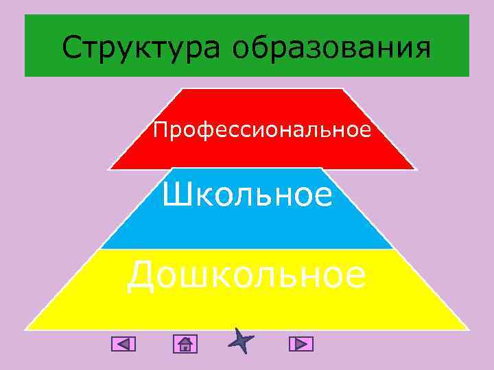 Структура образования Профессиональное Школьное Дошкольное 