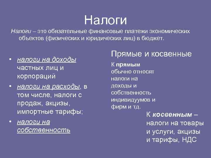 Налоги – это обязательные финансовые платежи экономических объектов (физических и юридических лиц) в бюджет.