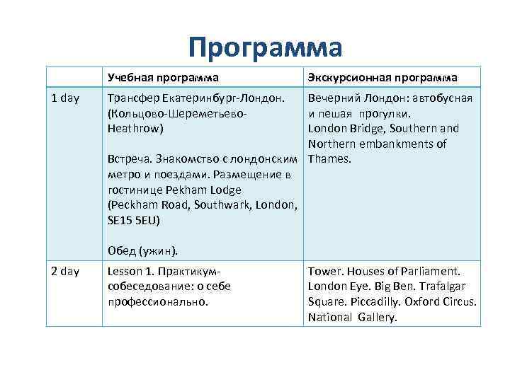 Программа Учебная программа 1 day Экскурсионная программа Трансфер Екатеринбург-Лондон. (Кольцово-Шереметьево. Heathrow) Вечерний Лондон: автобусная