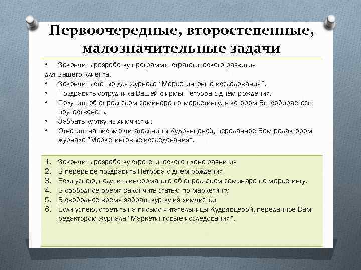 Первоочередные, второстепенные, малозначительные задачи • Закончить разработку программы стратегического развития для Вашего клиента. •