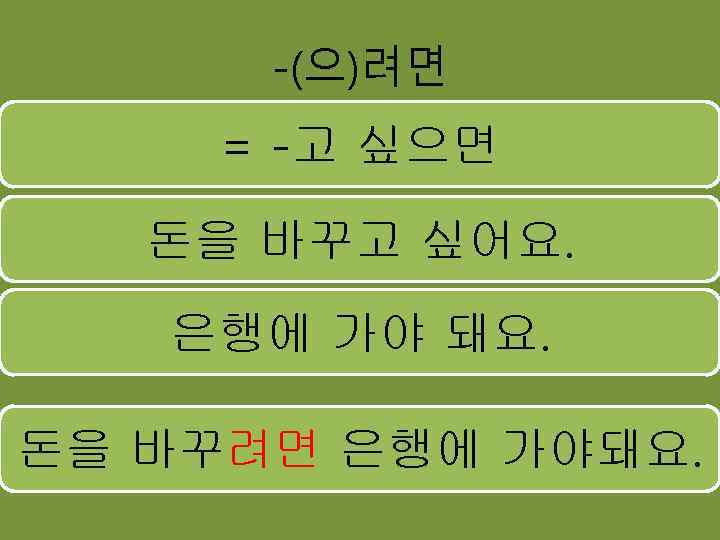 -(으)려면 = -고 싶으면 돈을 바꾸고 싶어요. 은행에 가야 돼요. 돈을 바꾸려면 은행에 가야돼요.