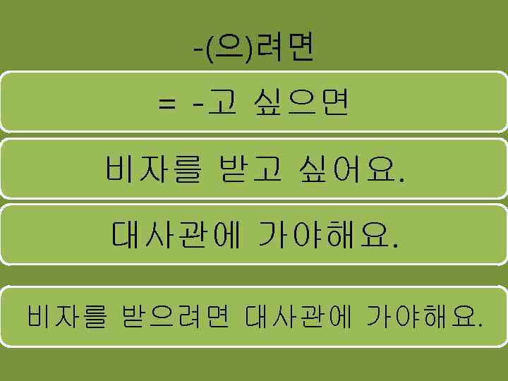 -(으)려면 = -고 싶으면 비자를 받고 싶어요. 대사관에 가야해요. 비자를 받으려면 대사관에 가야해요. 