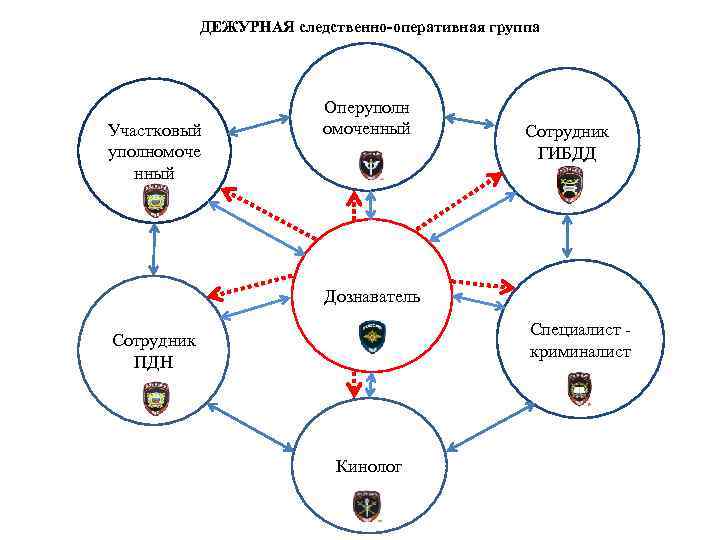 ДЕЖУРНАЯ следственно-оперативная группа Участковый уполномоче нный Оперуполн омоченный Сотрудник ГИБДД Дознаватель Специалист криминалист Сотрудник