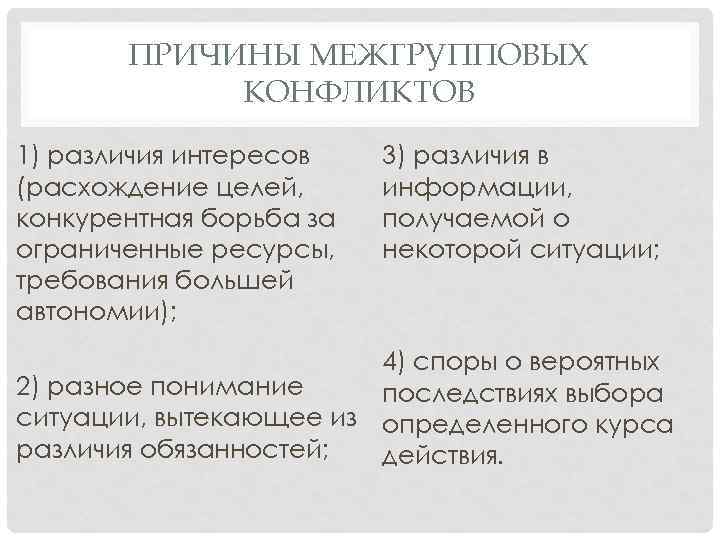 ПРИЧИНЫ МЕЖГРУППОВЫХ КОНФЛИКТОВ 1) различия интересов (расхождение целей, конкурентная борьба за ограниченные ресурсы, требования