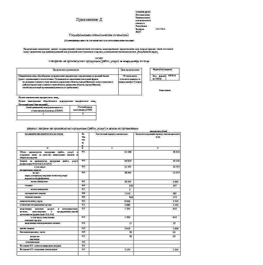 УТВЕРЖДЕНО Постановление Национального статистического комитета Республики Беларусь № 182 Приложение Д 12. 07. 2011