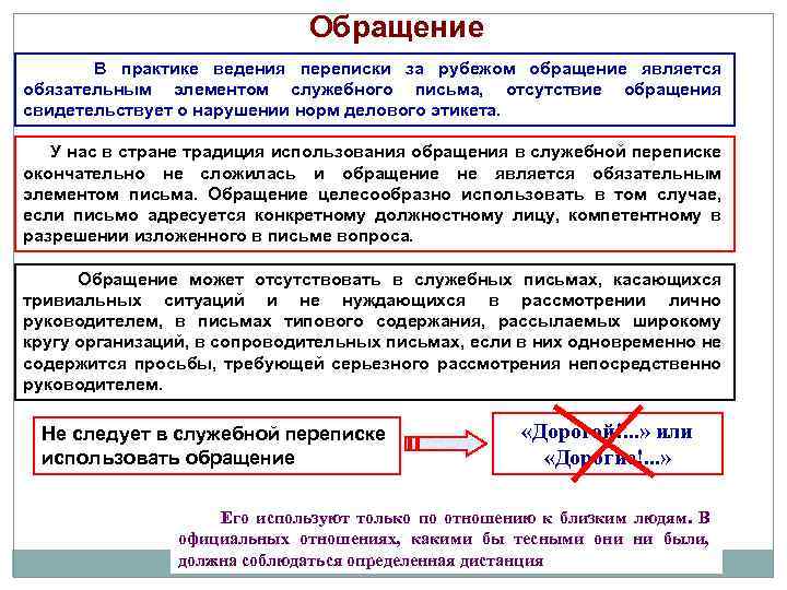 Обращение В практике ведения переписки за рубежом обращение является обязательным элементом служебного письма, отсутствие