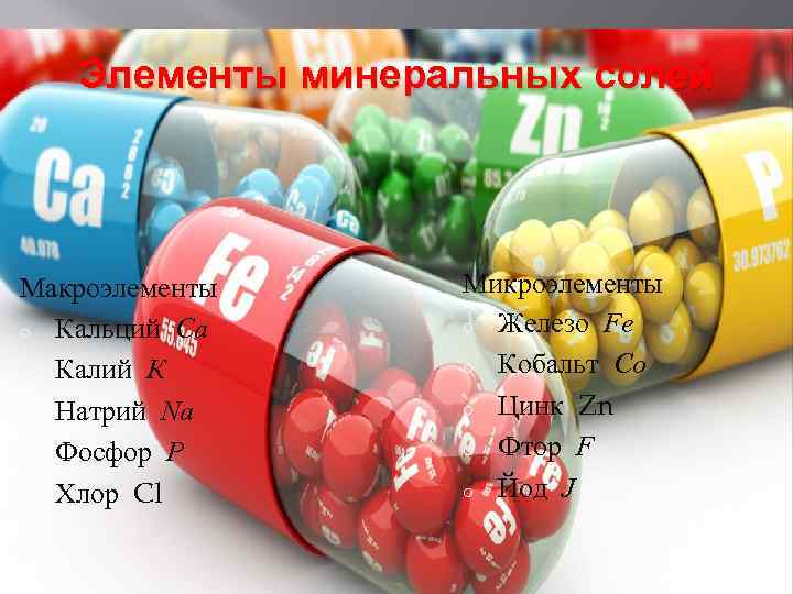 Элементы минеральных солей Макроэлементы o Кальций Са o Калий К o Натрий Na o