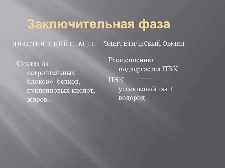 Заключительная фаза ПЛАСТИЧЕСКИЙ ОБМЕН Синтез из «строительных блоков» белков, нуклеиновых кислот, жиров. ЭНЕРГЕТИЧЕСКИЙ ОБМЕН