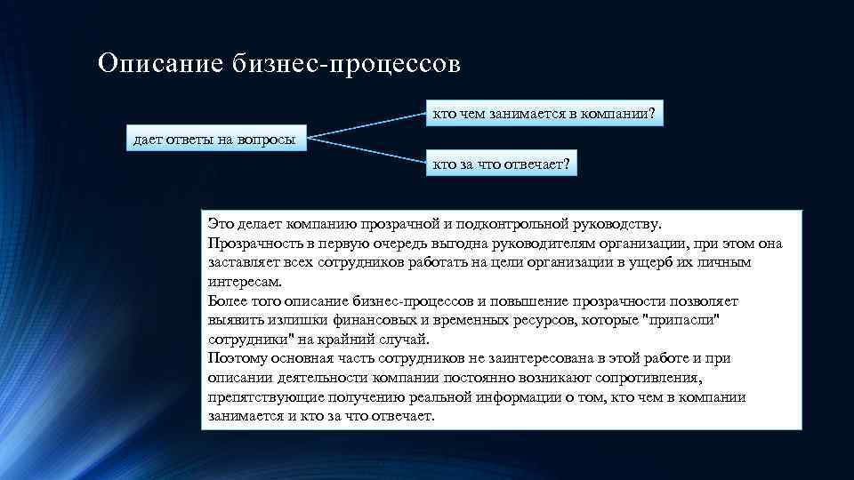 Описание бизнес-процессов кто чем занимается в компании? дает ответы на вопросы кто за что