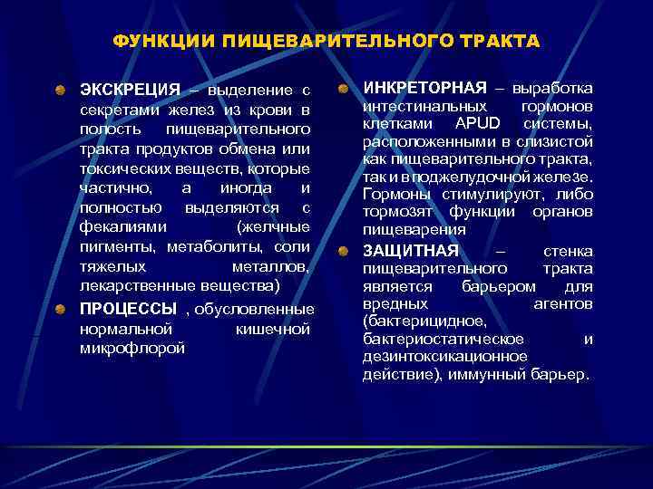 ФУНКЦИИ ПИЩЕВАРИТЕЛЬНОГО ТРАКТА ЭКСКРЕЦИЯ – выделение с секретами желез из крови в полость пищеварительного