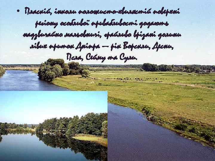 • Пласкій, інколи положисто-хвилястій поверхні регіону особливої привабливості додають надзвичайно мальовничі, грайливо врізані