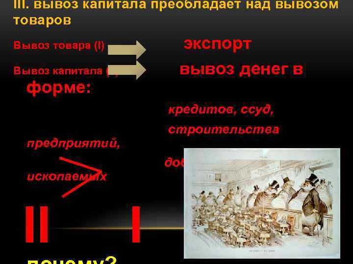 III. вывоз капитала преобладает над вывозом товаров экспорт вывоз денег в Вывоз товара (I)