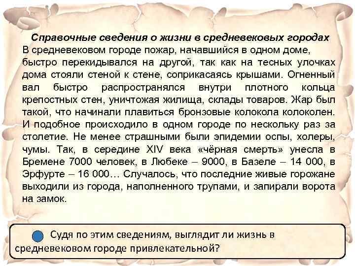 Справочные сведения о жизни в средневековых городах В средневековом городе пожар, начавшийся в одном