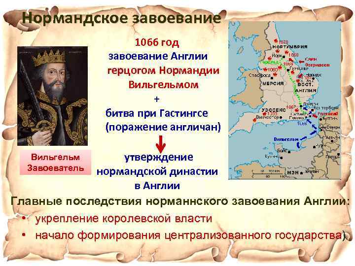 Нормандское завоевание 1066 год завоевание Англии герцогом Нормандии Вильгельмом + битва при Гастингсе (поражение