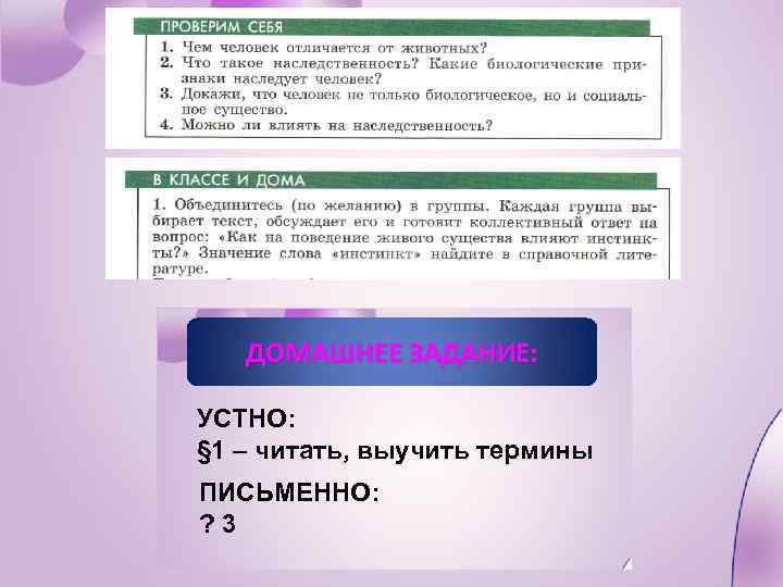 ДОМАШНЕЕ ЗАДАНИЕ: УСТНО: § 1 – читать, выучить термины ПИСЬМЕННО: ? 3 