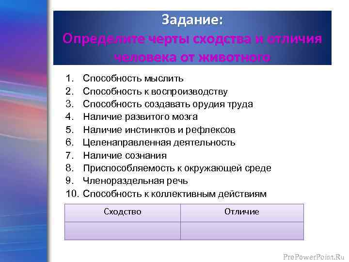 Задание: Определите черты сходства и отличия человека от животного 1. 2. 3. 4. 5.