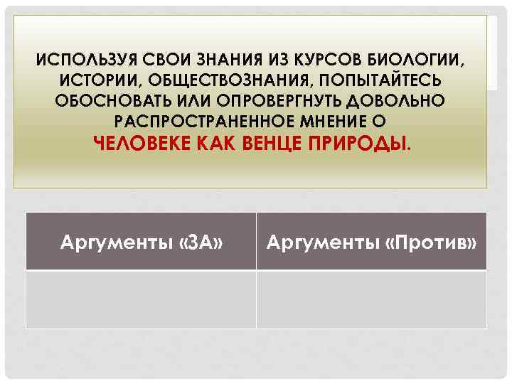 ИСПОЛЬЗУЯ СВОИ ЗНАНИЯ ИЗ КУРСОВ БИОЛОГИИ, ИСТОРИИ, ОБЩЕСТВОЗНАНИЯ, ПОПЫТАЙТЕСЬ ОБОСНОВАТЬ ИЛИ ОПРОВЕРГНУТЬ ДОВОЛЬНО РАСПРОСТРАНЕННОЕ