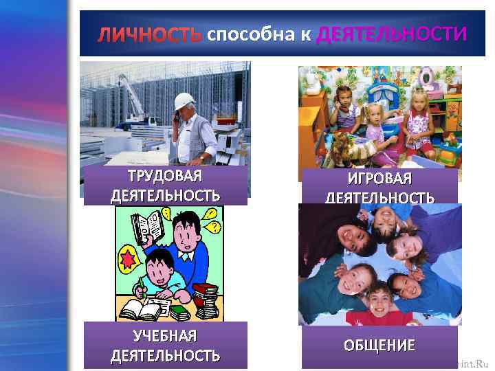 ЛИЧНОСТЬ способна к ДЕЯТЕЛЬНОСТИ ТРУДОВАЯ ДЕЯТЕЛЬНОСТЬ ИГРОВАЯ ДЕЯТЕЛЬНОСТЬ УЧЕБНАЯ ДЕЯТЕЛЬНОСТЬ ОБЩЕНИЕ Pro. Power. Point.