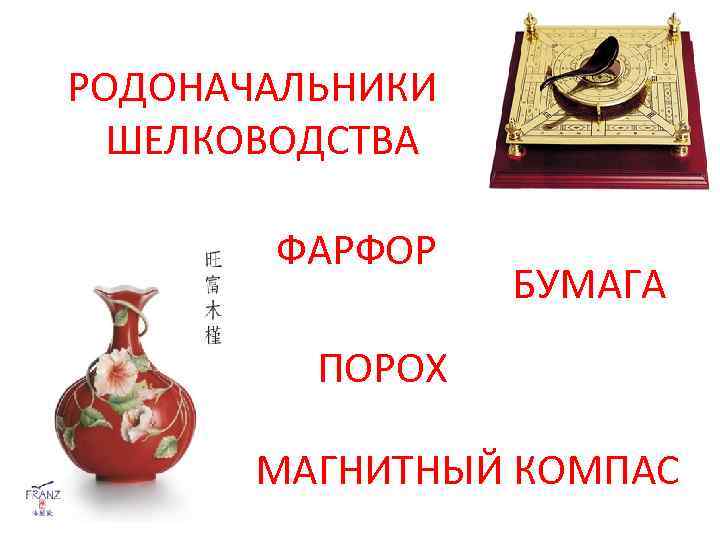  РОДОНАЧАЛЬНИКИ ШЕЛКОВОДСТВА ФАРФОР БУМАГА ПОРОХ МАГНИТНЫЙ КОМПАС 