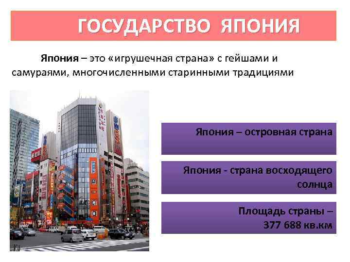  ГОСУДАРСТВО ЯПОНИЯ Япония – это «игрушечная страна» с гейшами и самураями, многочисленными старинными