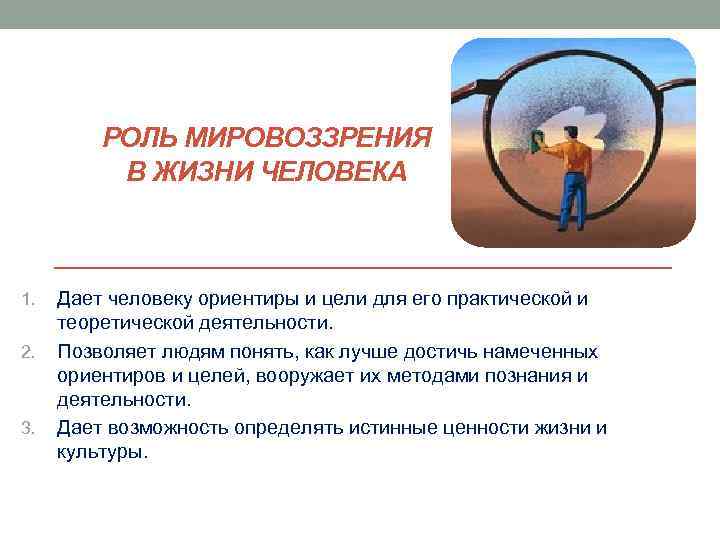 РОЛЬ МИРОВОЗЗРЕНИЯ В ЖИЗНИ ЧЕЛОВЕКА 1. 2. 3. Дает человеку ориентиры и цели для