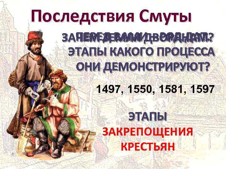 Последствия Смуты ПЕРЕД ВАМИ – РЯД ДАТ. ЗАЧЕМ ЗЕМЛЯ ДВОРЯНАМ? ЭТАПЫ КАКОГО ПРОЦЕССА ОНИ