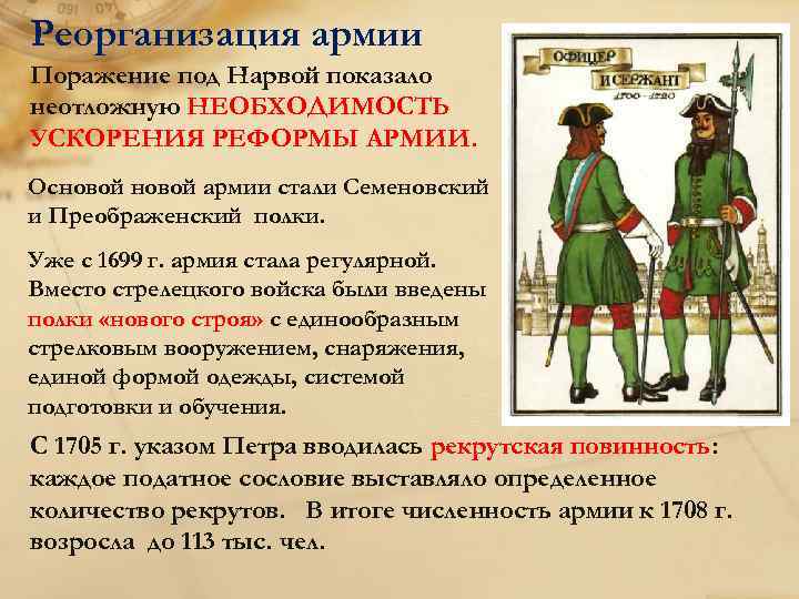 Реорганизация армии Поражение под Нарвой показало неотложную НЕОБХОДИМОСТЬ УСКОРЕНИЯ РЕФОРМЫ АРМИИ. Основой армии стали
