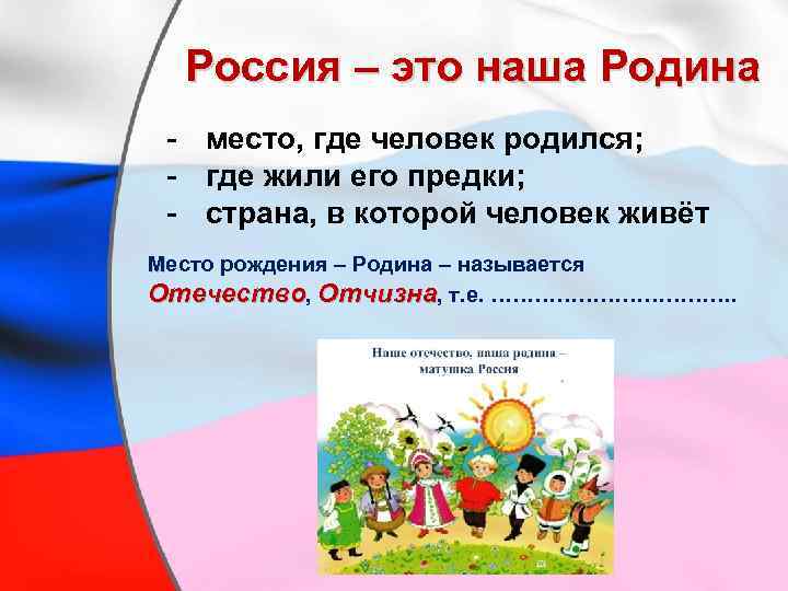 Россия – это наша Родина - место, где человек родился; - где жили его