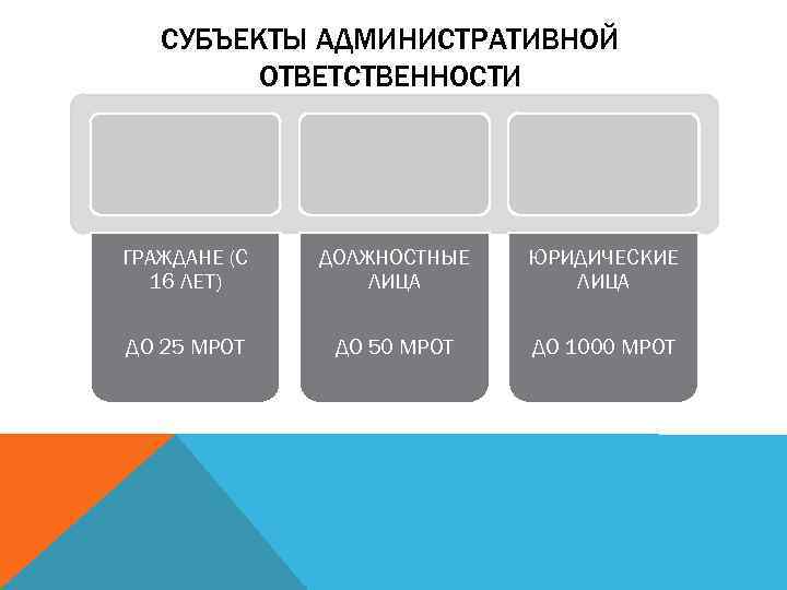 СУБЪЕКТЫ АДМИНИСТРАТИВНОЙ ОТВЕТСТВЕННОСТИ ГРАЖДАНЕ (С 16 ЛЕТ) ДОЛЖНОСТНЫЕ ЛИЦА ЮРИДИЧЕСКИЕ ЛИЦА ДО 25 МРОТ