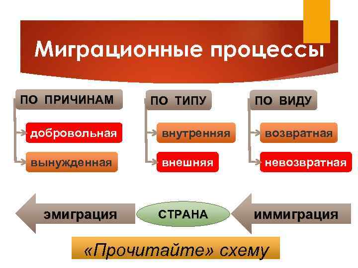 Миграционные процессы ПО ПРИЧИНАМ ПО ТИПУ ПО ВИДУ добровольная внутренняя возвратная вынужденная внешняя невозвратная