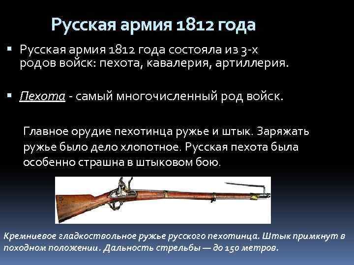 Русская армия 1812 года состояла из 3 -х родов войск: пехота, кавалерия, артиллерия. Пехота