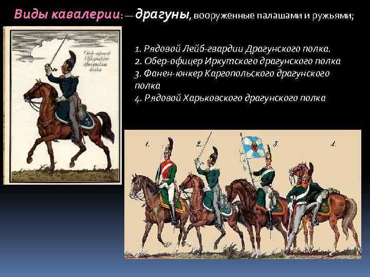 Виды кавалерии: — драгуны, вооруженные палашами и ружьями; 1. Рядовой Лейб-гвардии Драгунского полка. 2.