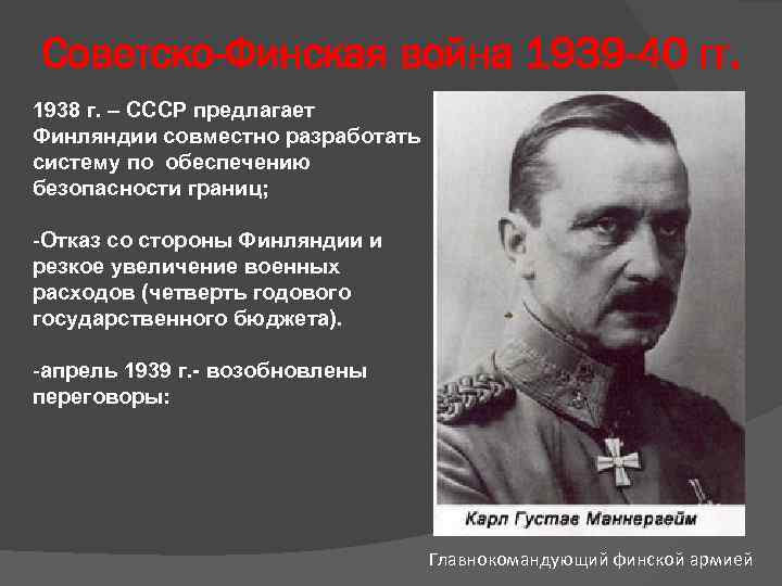 Советско-Финская война 1939 -40 гг. 1938 г. – СССР предлагает Финляндии совместно разработать систему