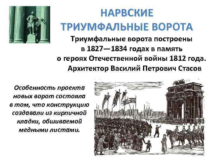 НАРВСКИЕ ТРИУМФАЛЬНЫЕ ВОРОТА Триумфальные ворота построены в 1827— 1834 годах в память о героях