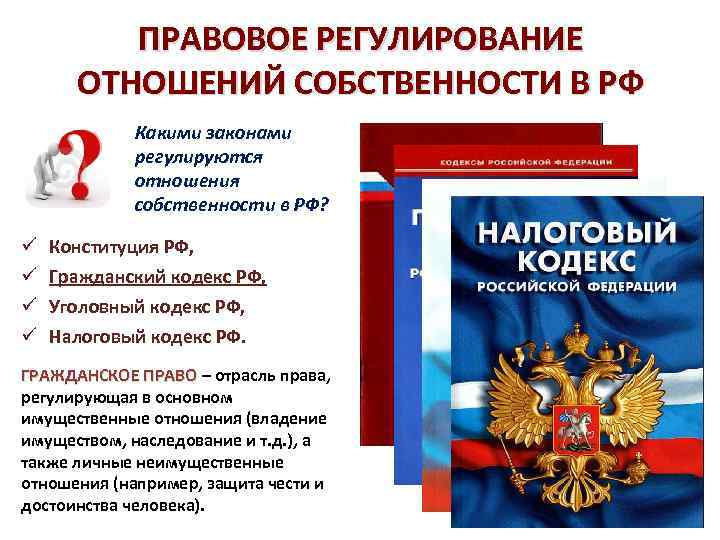 ПРАВОВОЕ РЕГУЛИРОВАНИЕ ОТНОШЕНИЙ СОБСТВЕННОСТИ В РФ Какими законами регулируются отношения собственности в РФ? ü