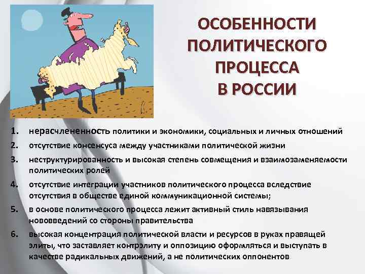 ОСОБЕННОСТИ ПОЛИТИЧЕСКОГО ПРОЦЕССА В РОССИИ 1. нерасчлененность политики и экономики, социальных и личных отношений