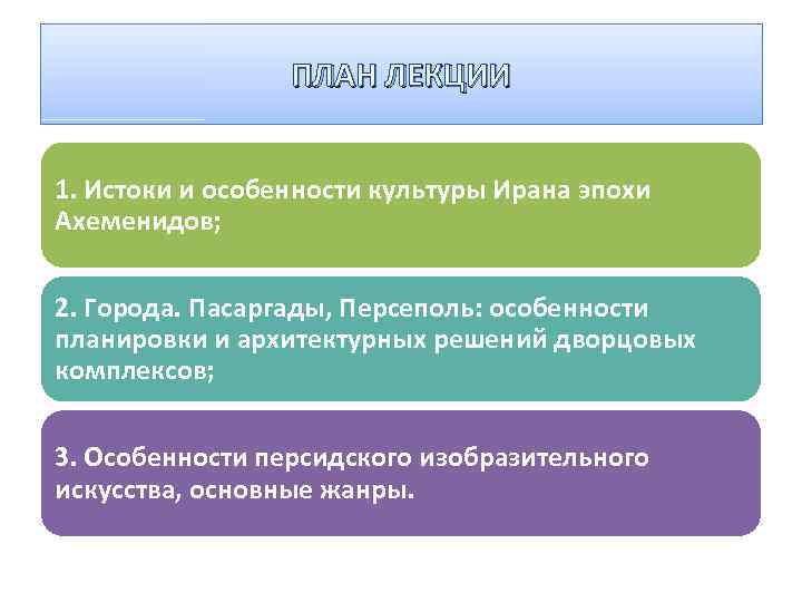 ПЛАН ЛЕКЦИИ 1. Истоки и особенности культуры Ирана эпохи Ахеменидов; 2. Города. Пасаргады, Персеполь: