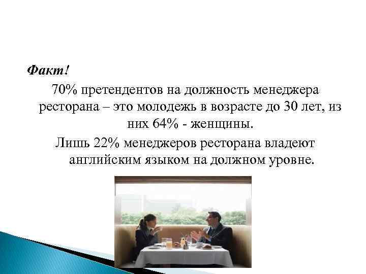 Факт! 70% претендентов на должность менеджера ресторана – это молодежь в возрасте до 30