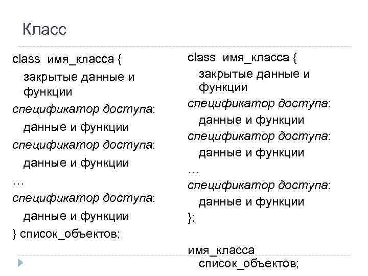 Класс сlass имя_класса { закрытые данные и функции спецификатор доступа: данные и функции …