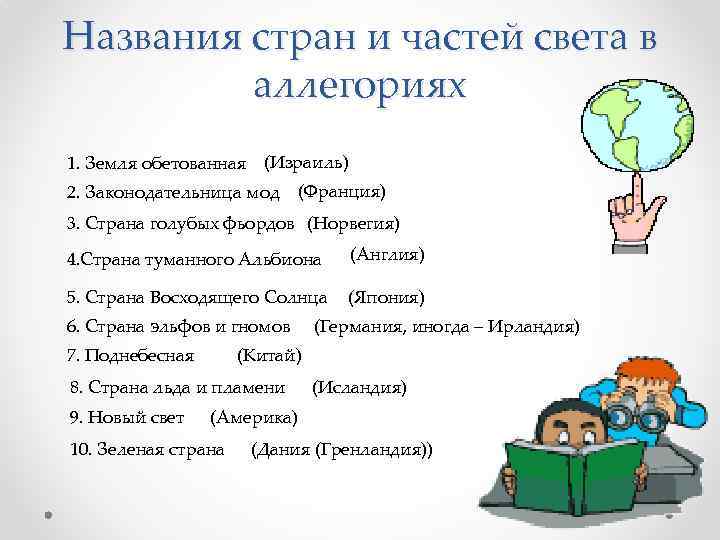 Названия стран и частей света в аллегориях 1. Земля обетованная (Израиль) 2. Законодательница мод