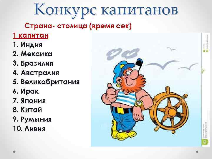 Конкурс капитанов Страна столица (время сек) 1 капитан 1. Индия 2. Мексика 3. Бразилия