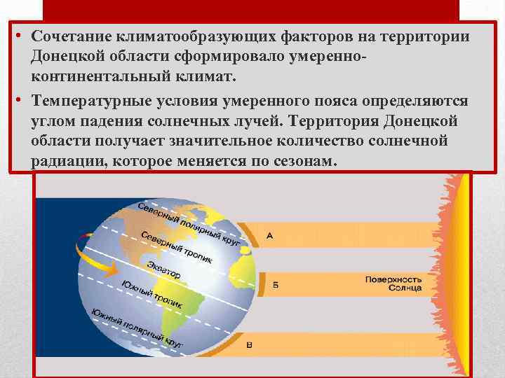  • Сочетание климатообразующих факторов на территории Донецкой области сформировало умеренно континентальный климат. •