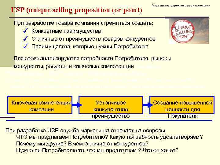 USP (unique selling proposition (or point) Управление маркетинговыми проектами При разработке товара компания стремиться