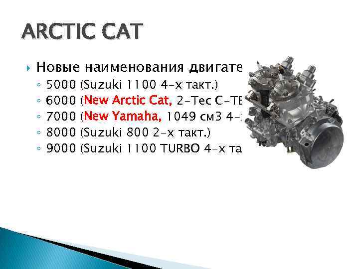 ARCTIC CAT Новые наименования двигателей ◦ ◦ ◦ 5000 6000 7000 8000 9000 (Suzuki