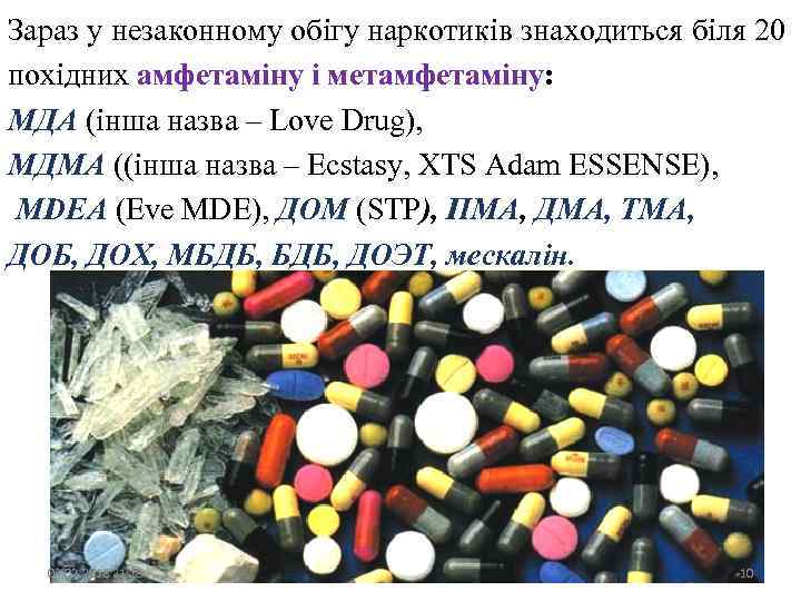 Зараз у незаконному обігу наркотиків знаходиться біля 20 похідних амфетаміну і метамфетаміну: МДА (інша
