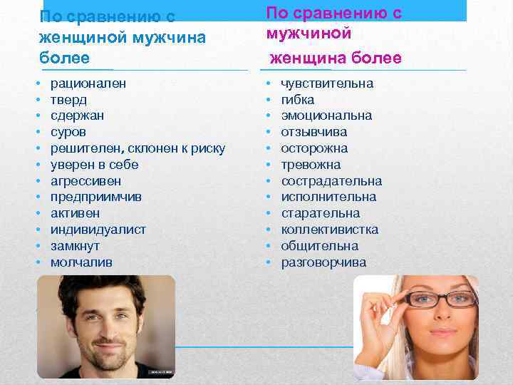 По сравнению с женщиной мужчина более По сравнению с мужчиной женщина более • •