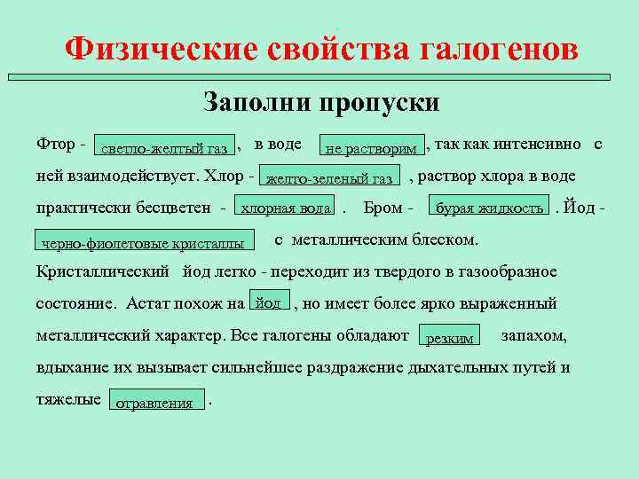 Физические свойства галогенов Заполни пропуски Фтор - , в воде , так как интенсивно
