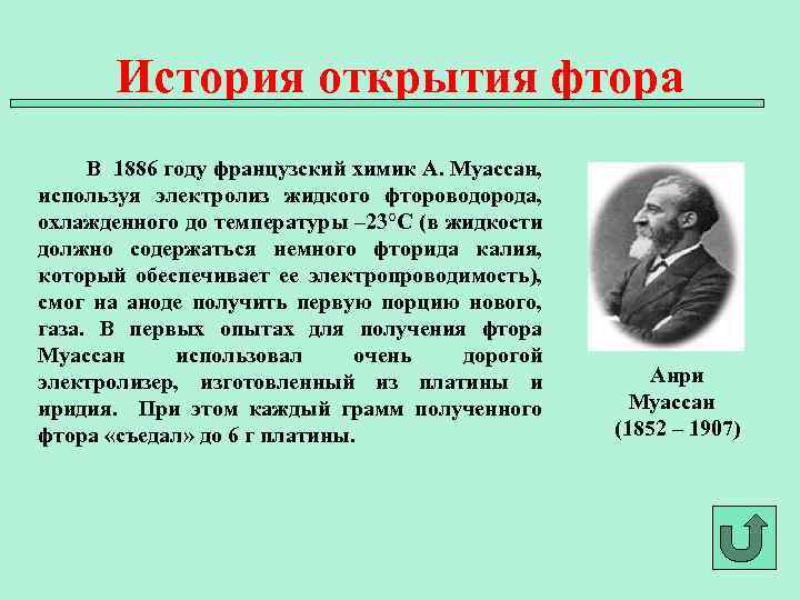 История открытия фтора В 1886 году французский химик А. Муассан, используя электролиз жидкого фтороводорода,