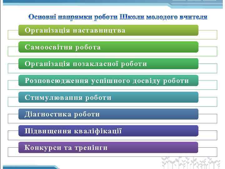 Організація наставництва Самоосвітня робота Організація позакласної роботи Розповсюдження успішного досвіду роботи Стимулювання роботи Діагностика