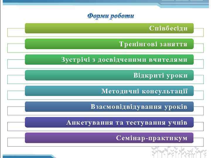 Співбесіди Тренінгові заняття Зустрічі з досвідченими вчителями Відкриті уроки Методичні консультації Взаємовідвідування уроків Анкетування